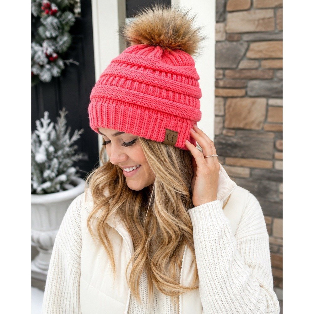 C.C Exclusives Coral Pink Knit Beanie Faux Fur Pom Raised Band Winter Hat OS